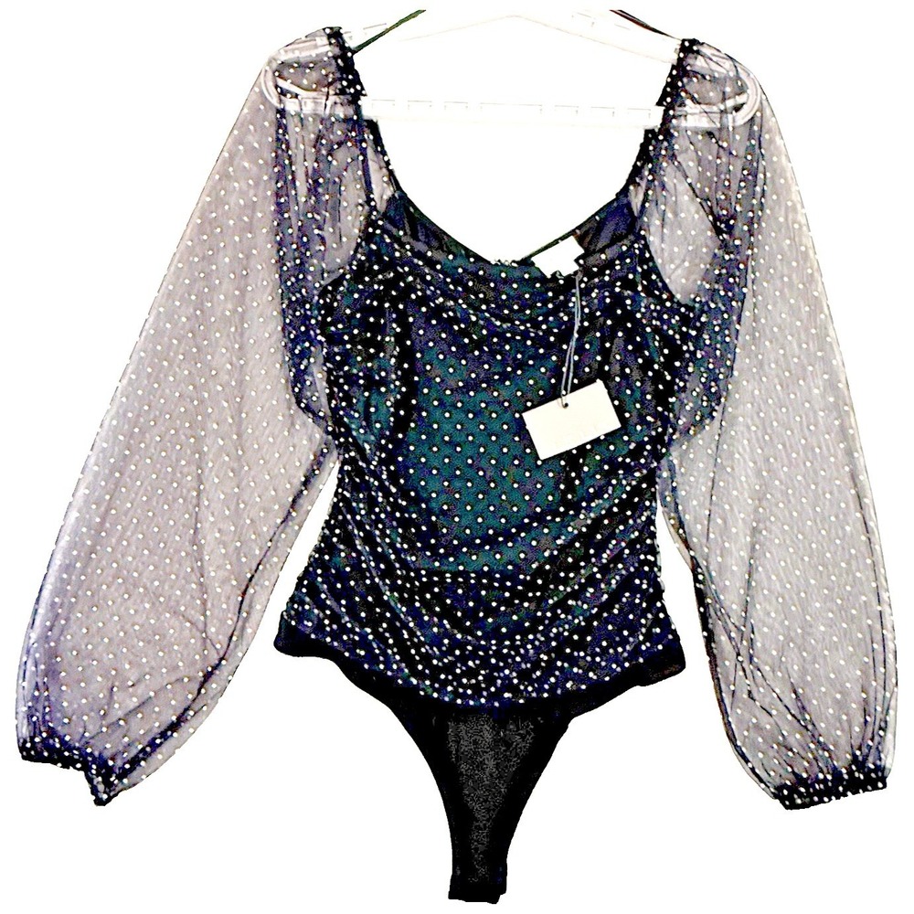 Le Lis Sparkle Polka Dot Mesh Bodysuit Women XS Blk Ruchd Sheer Balloon Slve NEW